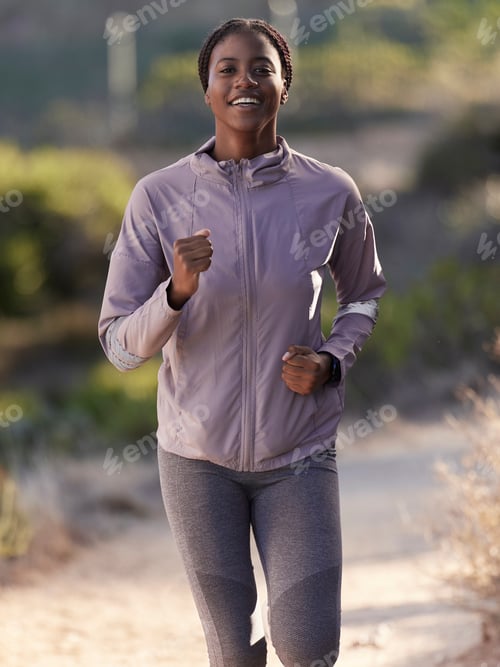 Preview: Fitness, running and black woman on mountain for exercise, marathon training and workout in nature.