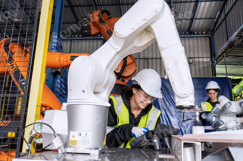 Preview: Young female asian service engineer holding robot controller operate robot arm automation factory