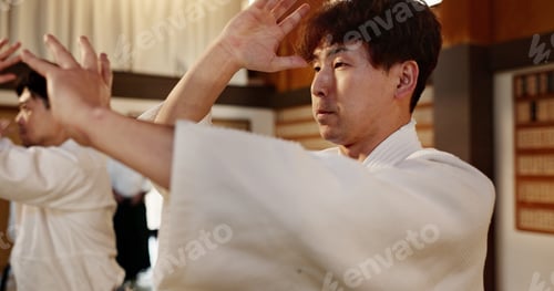 Preview: Students, fitness or learning martial arts in dojo for practice, aikido movement or self defense to
