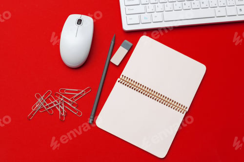 Preview: Styled stock photography red office desk table with stationery and office supplies