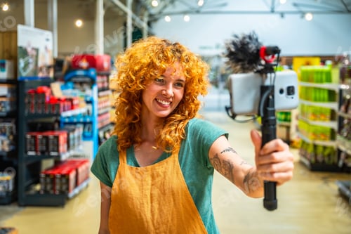 Preview: Supermarket employee vlogging using smartphone and microphone promoting products
