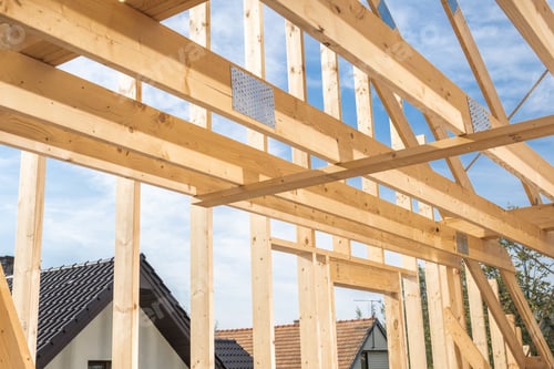 Preview: Construction of a Wooden Frame Structure Under a Clear Sky in a Residential Area