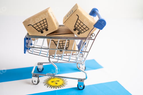 Preview: Box with shopping cart logo and Argentina flag, Import Export Shopping online