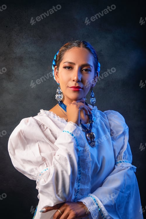 Preview: A woman wearing a white dress and blue hair is posing for a photo