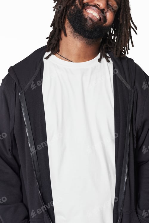 Preview: Men's white t-shirt and jacket fashion shoot in studio