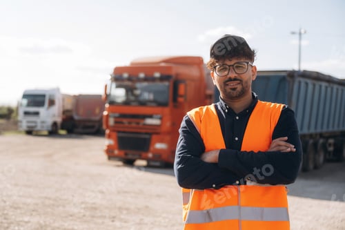 Preview: Arms crossed, standing. Male worker is near truck outdoors