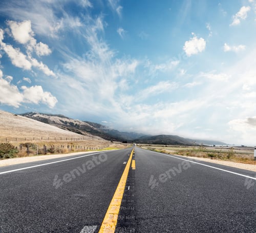 Preview: Asphalt road and country landscape with sunny sky