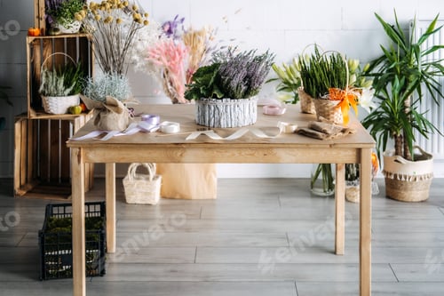 Preview: Florist workshop display with rustic centerpiece, woven baskets, and dried flowers