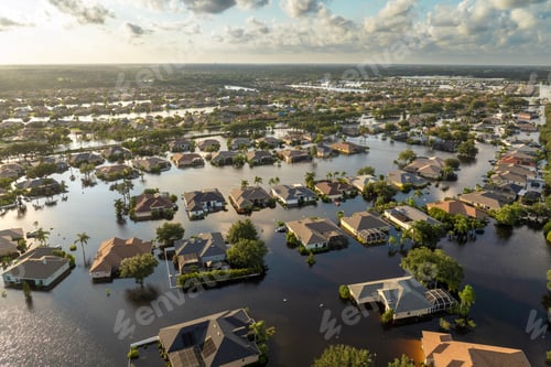 Preview: Flooded houses from hurricane rainfall water in Florida residential community.