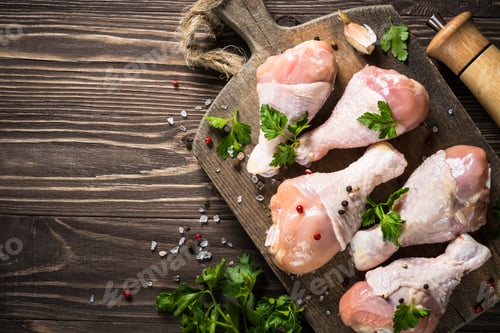 Preview: Chicken legs or drumctick on cutting board.