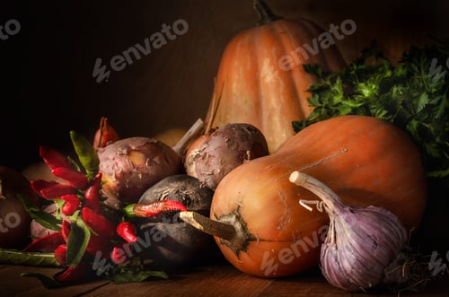 Preview: Autumn Harvest of Pumpkins, Peppers, and Garlic