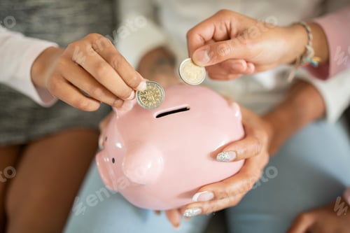 Preview: Family members teach children about saving money with a piggy bank