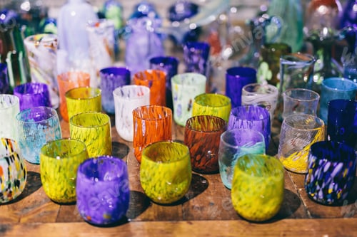 Preview: Murano glass exhibition of handmade glassware at workshop in Murano, Italy
