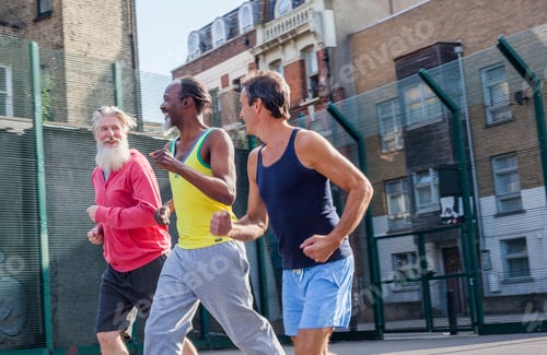 Preview: Three mature men, outdoors, jogging