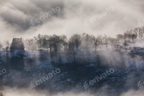 Preview: dense fog and a rural landscape. Transylvania, Romania.
