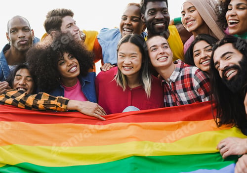 Preview: Crowd of multiracial people having fun together during LGBT pride parade outdoor