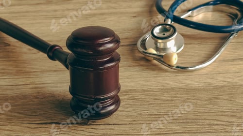 Preview: A gavel and stethoscope on a wooden table, symbolizing the intersection of medicine and the law.