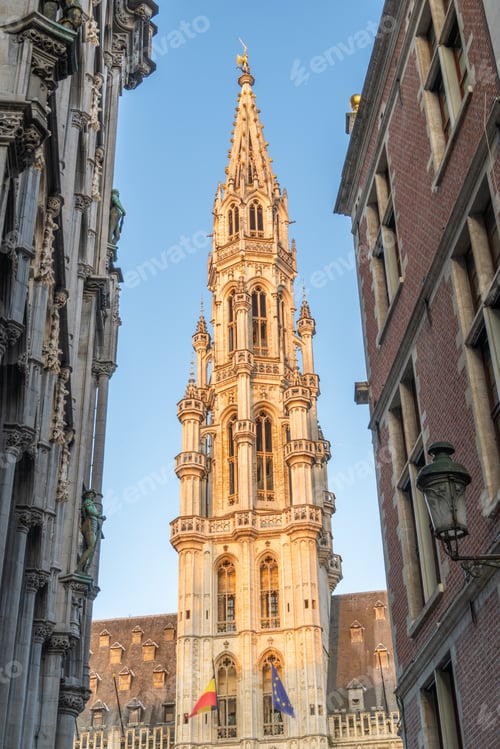 Preview: Spire of Town Hall Between Two Buildings. City of Brussels, Belgium