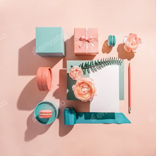 Preview: Geometric mockup composition for greeting invitation, card with flowers in pastel colors