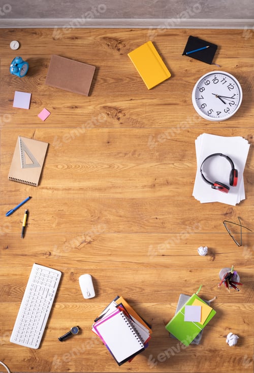 Preview: Study supplies and accessories on wooden floor background. Study learning concept