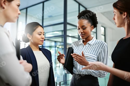 Preview: Shot of businesswoman standing together while discussing business in the office