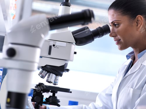 Preview: Biotechnology Research, female scientist examining a specimen under a microscope in the laboratory
