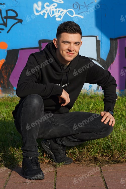 Preview: outdoor, man, student, fashion, teenager, boy, half body, looking away, bridge, jacket over shoulder