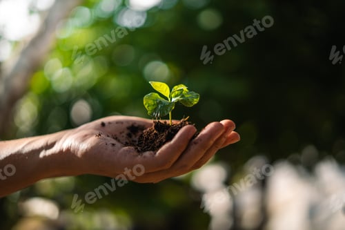 Preview: Environmental concept, young tree growing on hands with natural evening light.