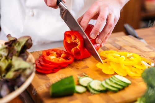 Preview: Hands of chef cook cutting vegetables on wooden table