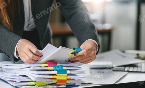 Preview: Businesswoman Reviews Documents in Modern Workplace Setting