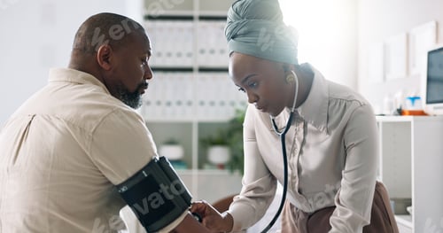 Preview: Woman, doctor or patient with blood pressure monitor for checkup, exam or test at hospital. Female