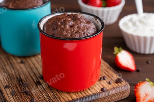 Preview: Chocolate mug cake with whipped cream and fresh berries. Cupcake cooked in the microwave.