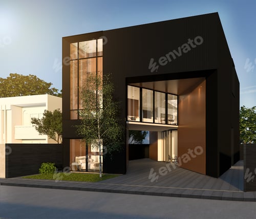 Preview: 3d rendering minimal black cubic house in summer