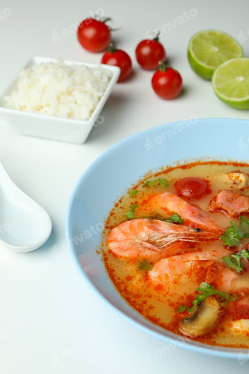 Preview: Tom yum soup and ingredients on white background