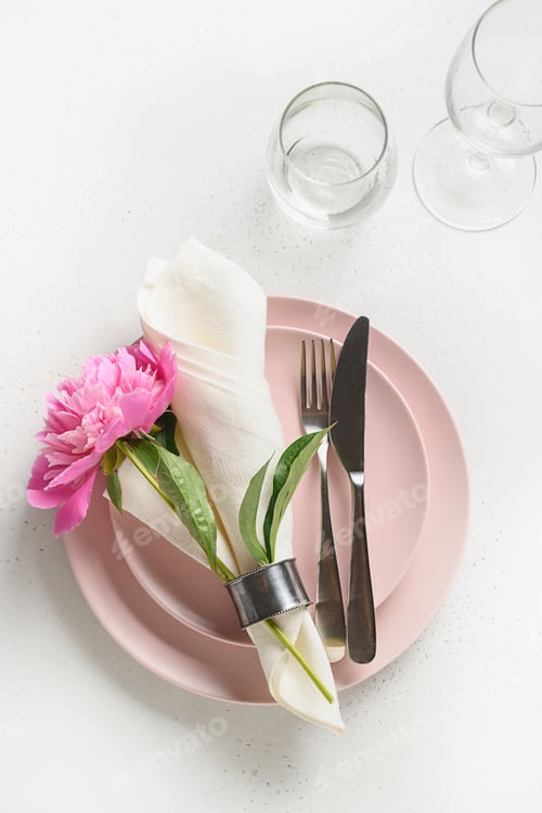 Preview: Romantic table setting with pink peony flowers.