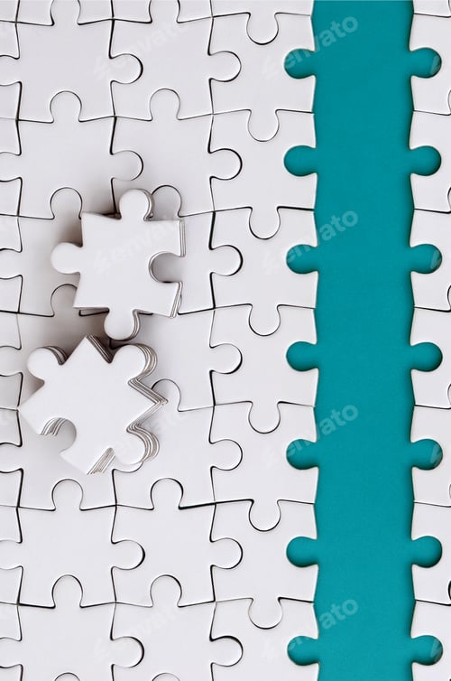 Preview: The blue path is laid on the platform of a white folded jigsaw puzzle. The missing elements of