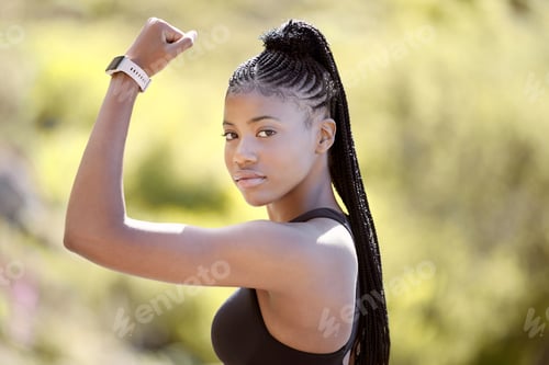 Preview: Fitness, flexing and black woman with muscle in nature ready for arms training, biceps and outdoor