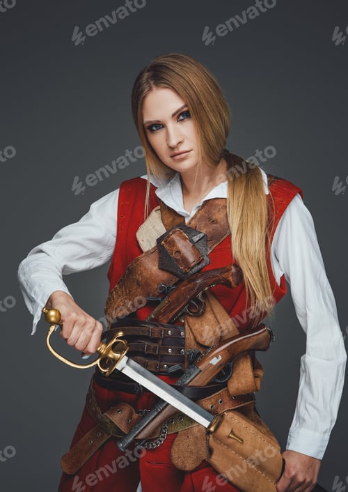 Preview: Medieval woman buccaneer with saber wearing red coat