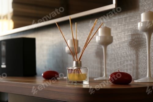 Preview: Reed air freshener on wooden table indoors