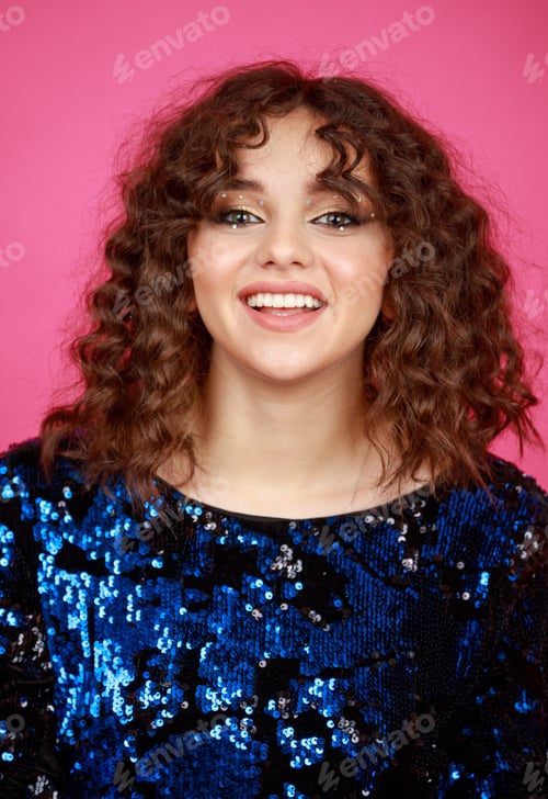 Preview: Vertical photo of young curly-haired girl on pin background