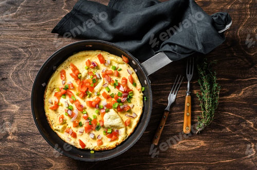 Preview: Healthy breakfast food, Stuffed egg omelet with vegetables in a skelet. Wooden background. Top view