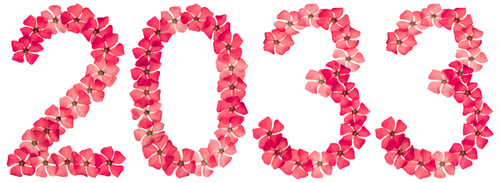 Preview: Inscription 2033, from natural red flowers of periwinkle, isolated on white background