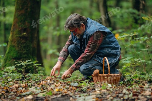 Preview: Identification if it's safe one. Mushroom picking. Man is in the forest at daytime