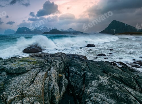 Preview: Majestic view of a rocky coastline with waves crashing against the shoreline
