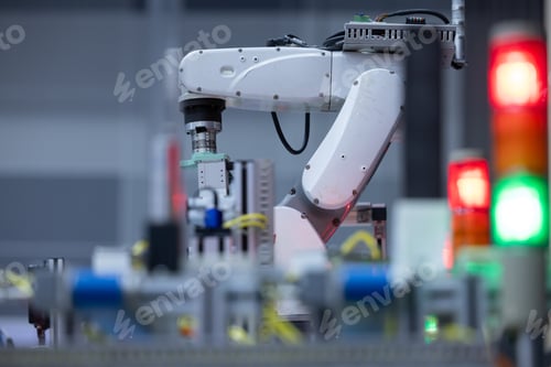 Preview: Robotic arm handling boxes on pallets in automated warehouse, Logistics warehouse automation