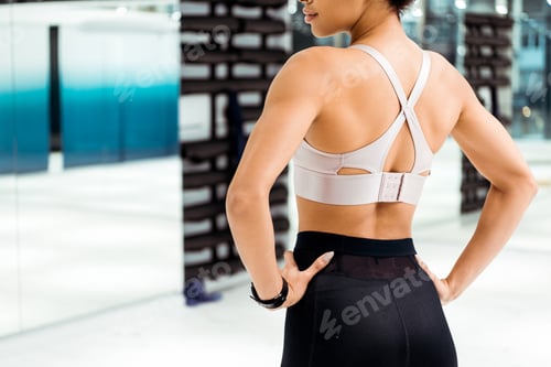 Preview: Back cropped view of girl in sportswear in fitness gym