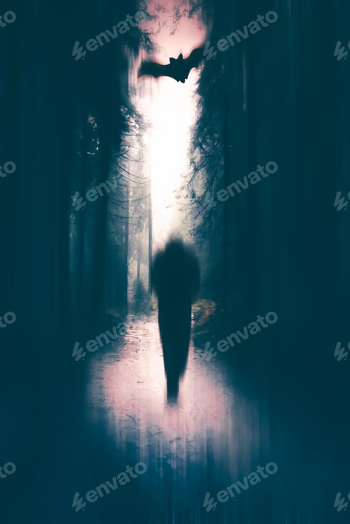 Preview: Horror halloween concept. strange silhouette in a dark spooky forest at night