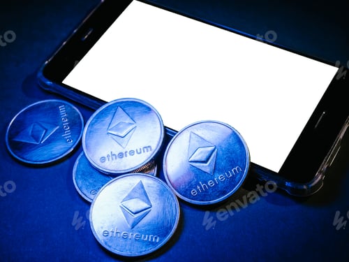 Preview: Smart phone with white screen and ethereum coins. Digital currency concept.