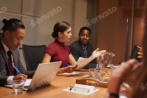 Preview: Female manager addressing team at a business meeting