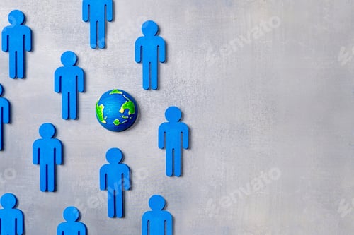 Preview: World globe surrounded by blue human figures.